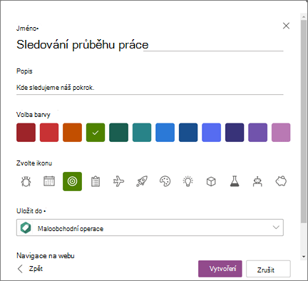 Snímek obrazovky znázorňující zadávání názvu seznamu a výběr sharepointového webu jako umístění, kam se má seznam uložit při vytváření seznamu.