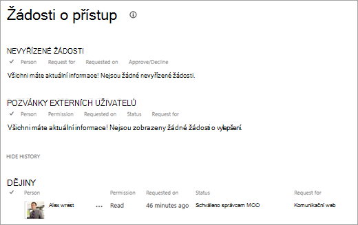 Zobrazení Žádosti o přístup zobrazující historii žádostí
