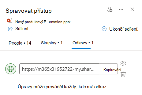 Snímek obrazovky znázorňující dialogové okno Spravovat přístup s otevřenou kartou Odkazy