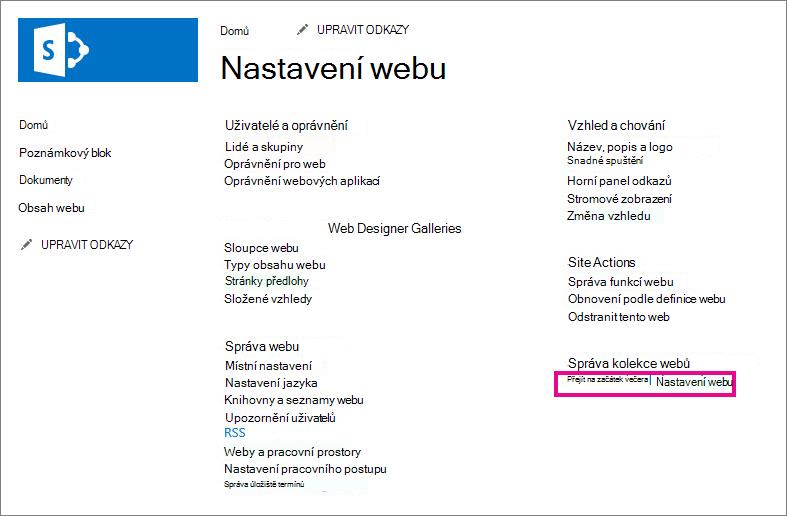 Přejít k nastavení webu na nejvyšší úrovni