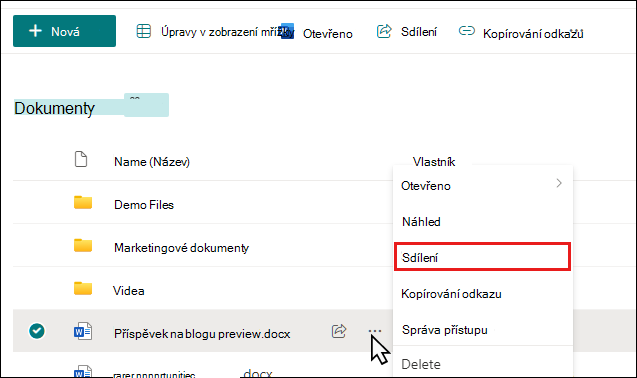 Zahájení sdílení dokumentu v knihovně SharePointu