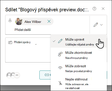 Vyberte nastavení oprávnění pro uživatele pozvané ke sdílení dokumentu.