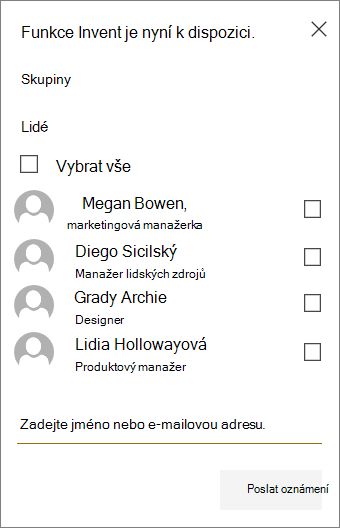 Nabídka pro výběr skupin nebo členů, kteří mají být upozorněni na nové nahrání na SharePoint