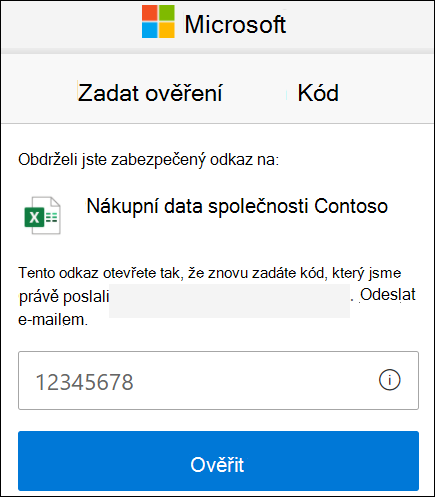 Okno ověření ověřovacího kódu externího sdílení OneDrivu
