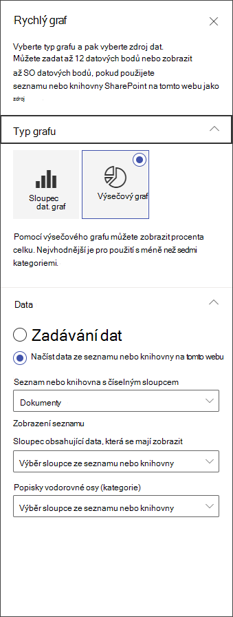 Snímek obrazovky s panelem pro úpravy výsečového grafu