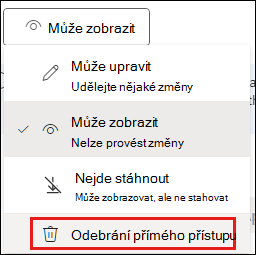 Snímek obrazovky se zvýrazněnou možností Odebrat přímý přístup s oprávněními ke sdílení