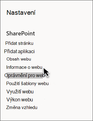 Snímek obrazovky nastavení SharePointu s vybranou položkou Informace o webu