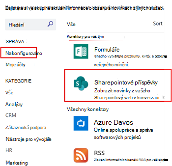 Zobrazení sharepointových příspěvků nakonfigurovaných pro kanál Teams