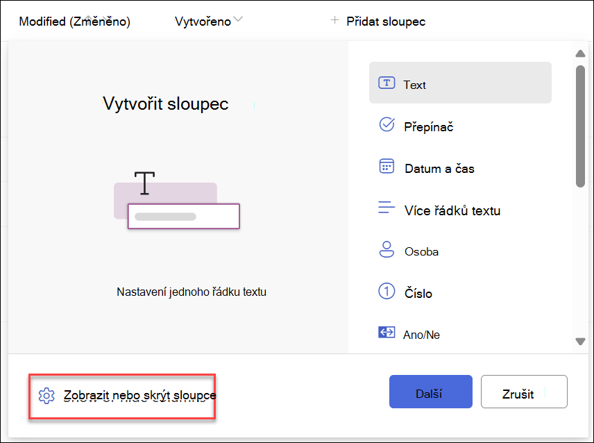 Snímek obrazovky s vybranou možností Zobrazit skrýt sloupce