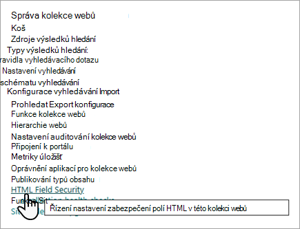 Snímek obrazovky s možnostmi správy kolekce webů s nastavením zabezpečení polí HTML