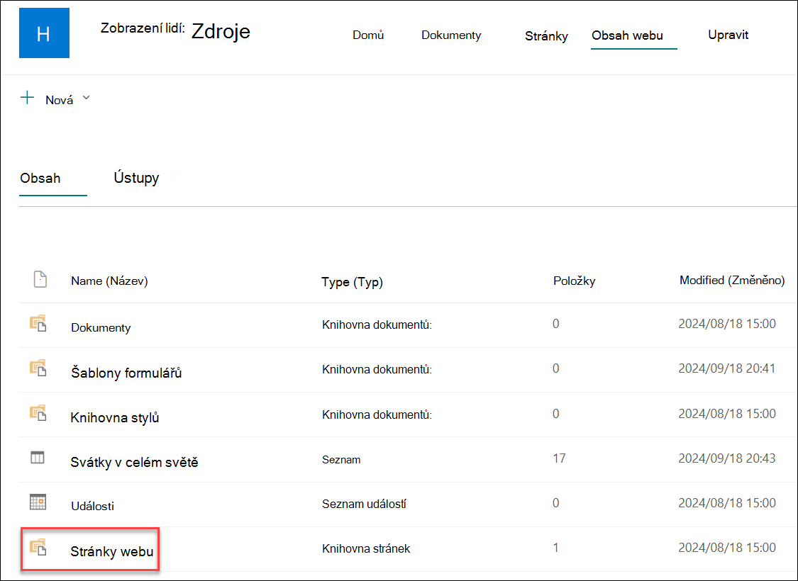Snímek obrazovky se stránkami webu