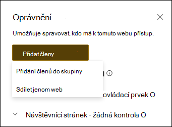 Náhled panelu oprávnění s rozevírací nabídkou.