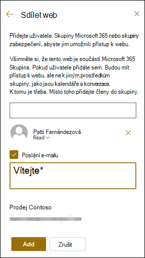 Náhled panelu Sdílet web.