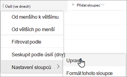 Podokno úprav sloupce v SharePointu s vybranou možností Odstranit