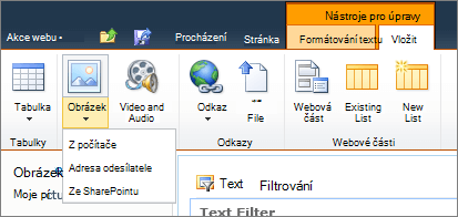 Klikněte na tlačítko obrázku na pásu karet a vyberte možnost Počítač, Adresa nebo SharePoint.