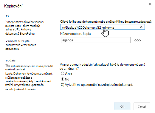 Dialogové okno Kopírovat s vybranou adresou URL.