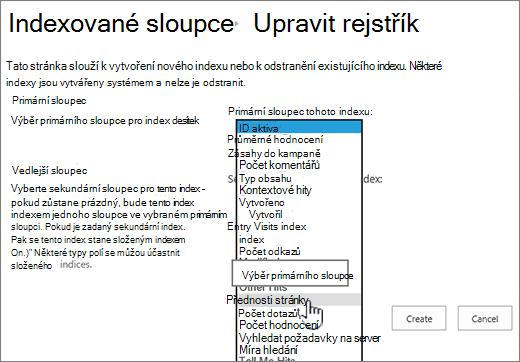 Úprava stránky rejstříku se sloupcem vybraným z rozevíracího seznamu