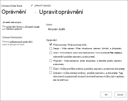 Změna úrovní oprávnění v dialogovém okně oprávnění