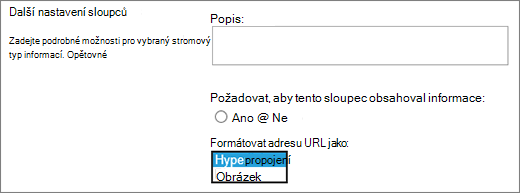 Možnosti sloupců Obrázek/Hypertextový odkaz
