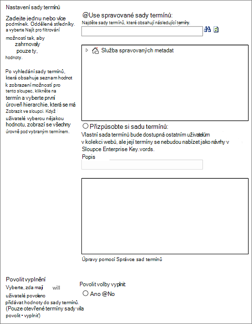Možnosti pro sloupec spravovaných metadat