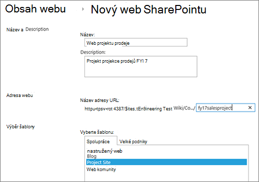 Obrazovka vytvoření podřízeného webu SharePointu 2016