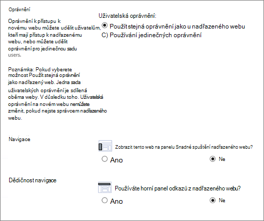 Dialogové okno Podřízený web SharePointu 2016 zobrazující oddíl navigace a oprávnění