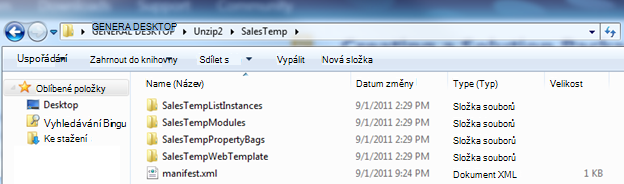Snímek obrazovky s Průzkumníkem Windows, který zobrazuje rozbalený balíček webového řešení (.wsp)