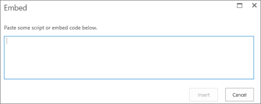 Snímek obrazovky s dialogovým oknem Vložit v SharePointu Online, kde můžete vložit skript nebo kód pro vložení videosouborů nebo zvukových souborů a pak tento kód vložit.