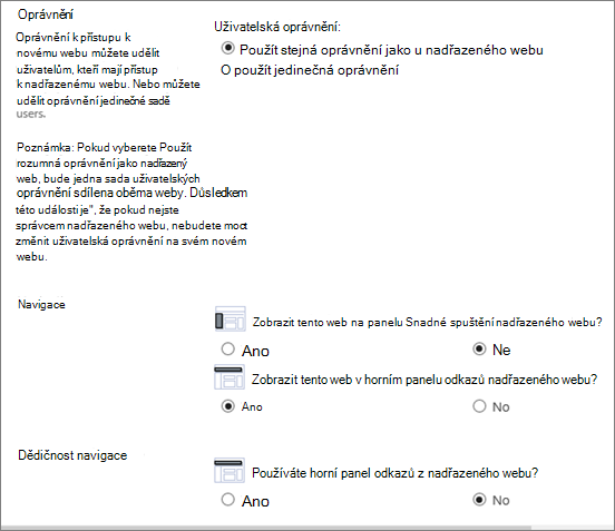 Dolní polovina dialogového okna Vytvořit web