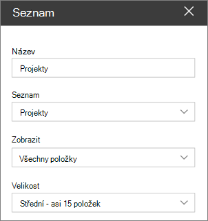 Nastavení webové části Seznam
