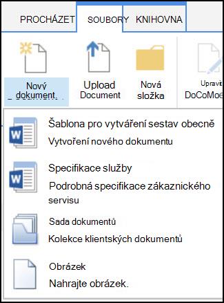 Nabídka Nový dokument s přizpůsobenými typy obsahu na SharePointu