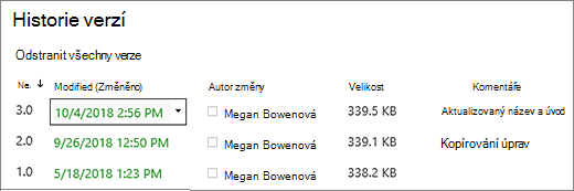 Dialogové okno Historie verzí se třemi verzemi