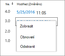 Možnosti historie verzí (zobrazit, obnovit, odstranit)