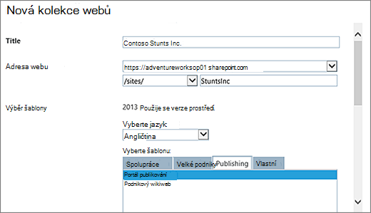 Horní polovina dialogu Nová kolekce webů se zvýrazněnou možností Portál publikování