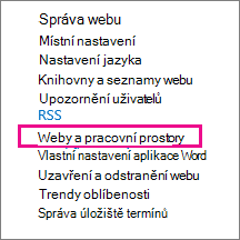 Část Weby a pracoviště na stránce Nastavení webu