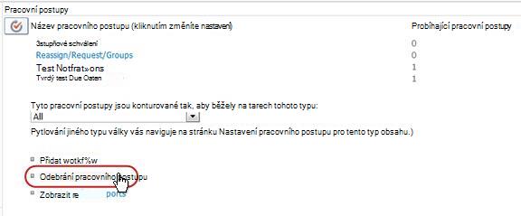 Stránka Nastavení pracovního postupu s vyznačeným odkazem Odebrat pacovní postup