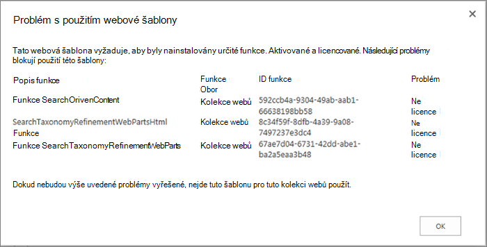 Snímek obrazovky s chybovou zprávou, která se může zobrazit, když chybějící funkce v SharePointu Online zabrání vytvoření webu.