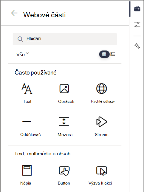 Webové části uvedené na úrovni 2 sady nástrojů