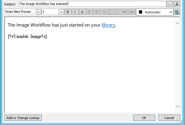 Workflow Email Text zprávy s obrázkem