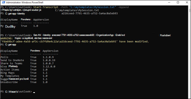 Okno powershellu pro Outlook pro Správa