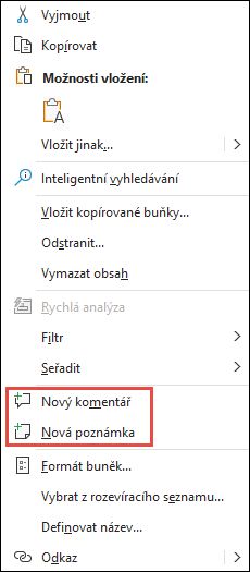 Obrázek místní nabídky v Excelu zobrazené po kliknutí pravým tlačítkem myši