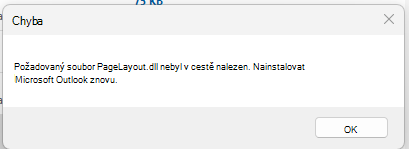 Snímek obrazovky s chybovou zprávou, Nelze najít požadovaný PageLayout.dll souboru