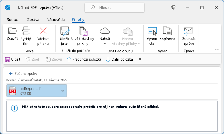 Chyba v PDF při pokusu o zobrazení z Outlook