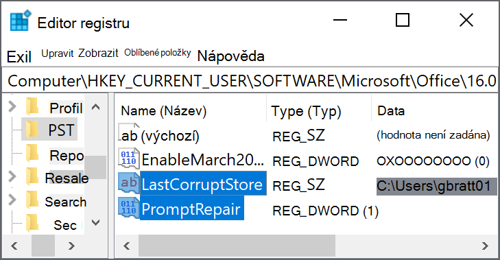Nastavení registru pro odstranění LastCorruptStore PromptRepair=dword:00000001
