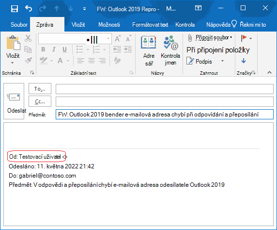V textu e-mailu chybí e-mailová adresa odesílatele původní zprávy