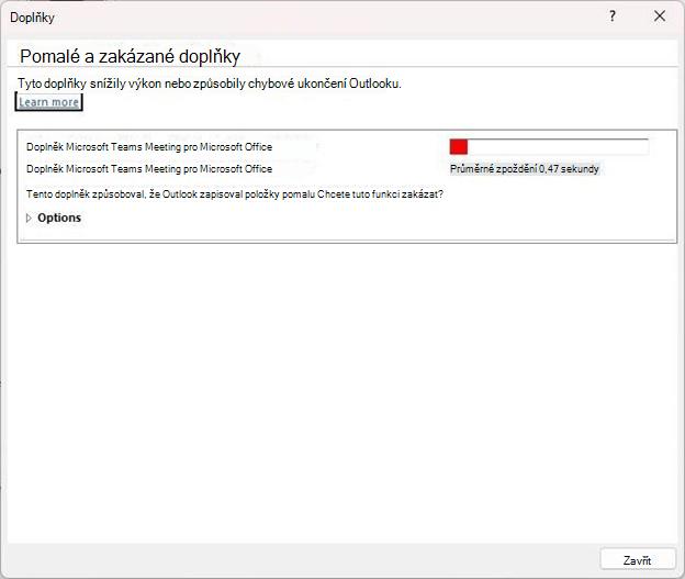 Snímek obrazovky s dialogovým oknem Pomalé a zakázané doplňky