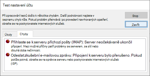 Snímek obrazovky s oknem Nastavení testovacího účtu Karta Chyby – IMAP
