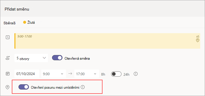 Snímek obrazovky znázorňující přepínač Otevřený posun napříč umístěními pro otevřený posun.
