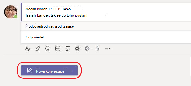 Snímek obrazovky plochy Teams se zvýrazněným tlačítkem Nová konverzace v dolní části obrazovky