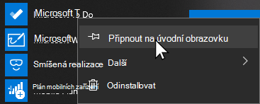 Místní nabídka pro otevření Microsoft To Do a vybraná možnost Připnout na Start